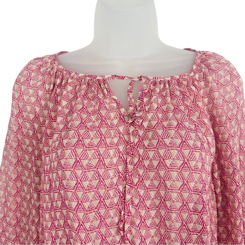 Lucky Brand Blouse Multicolor Geo-Print Pink Tan Blue Sheer Sz S